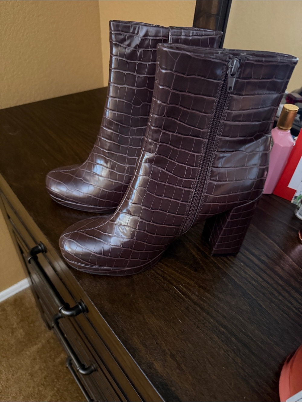 Rachel Zoe Croc-Embossed Block Heel Ankle Boots in Deep Brown